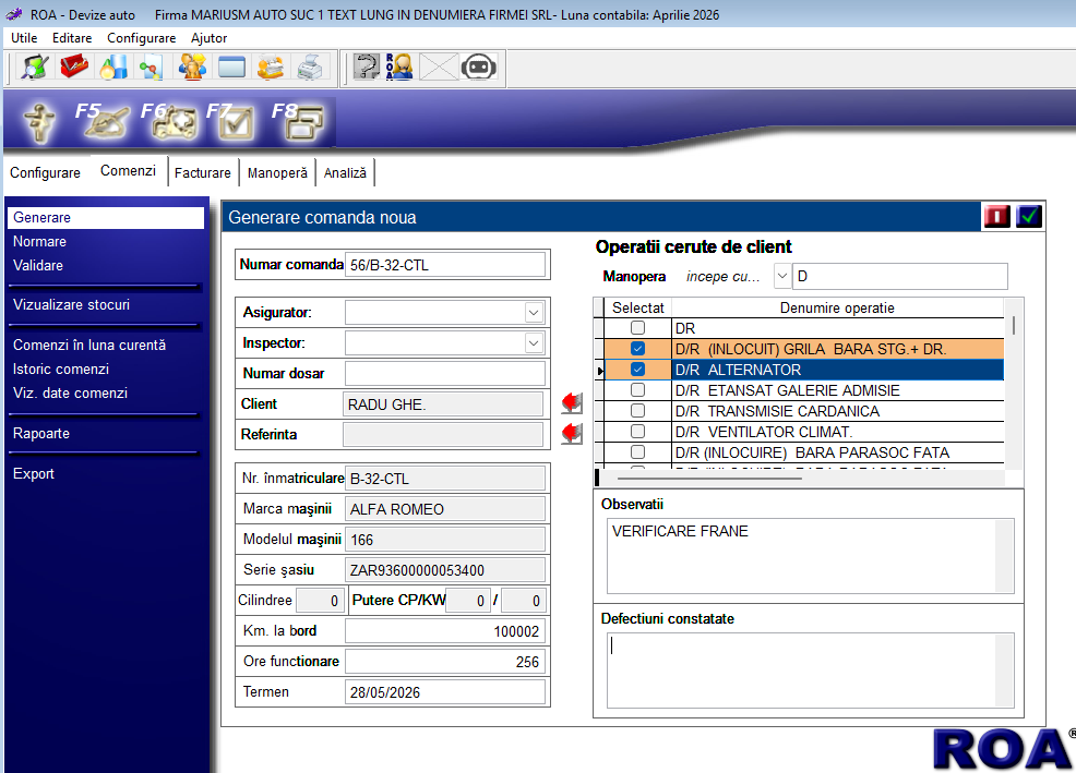 ROA Service Auto — Generare comandă nouă