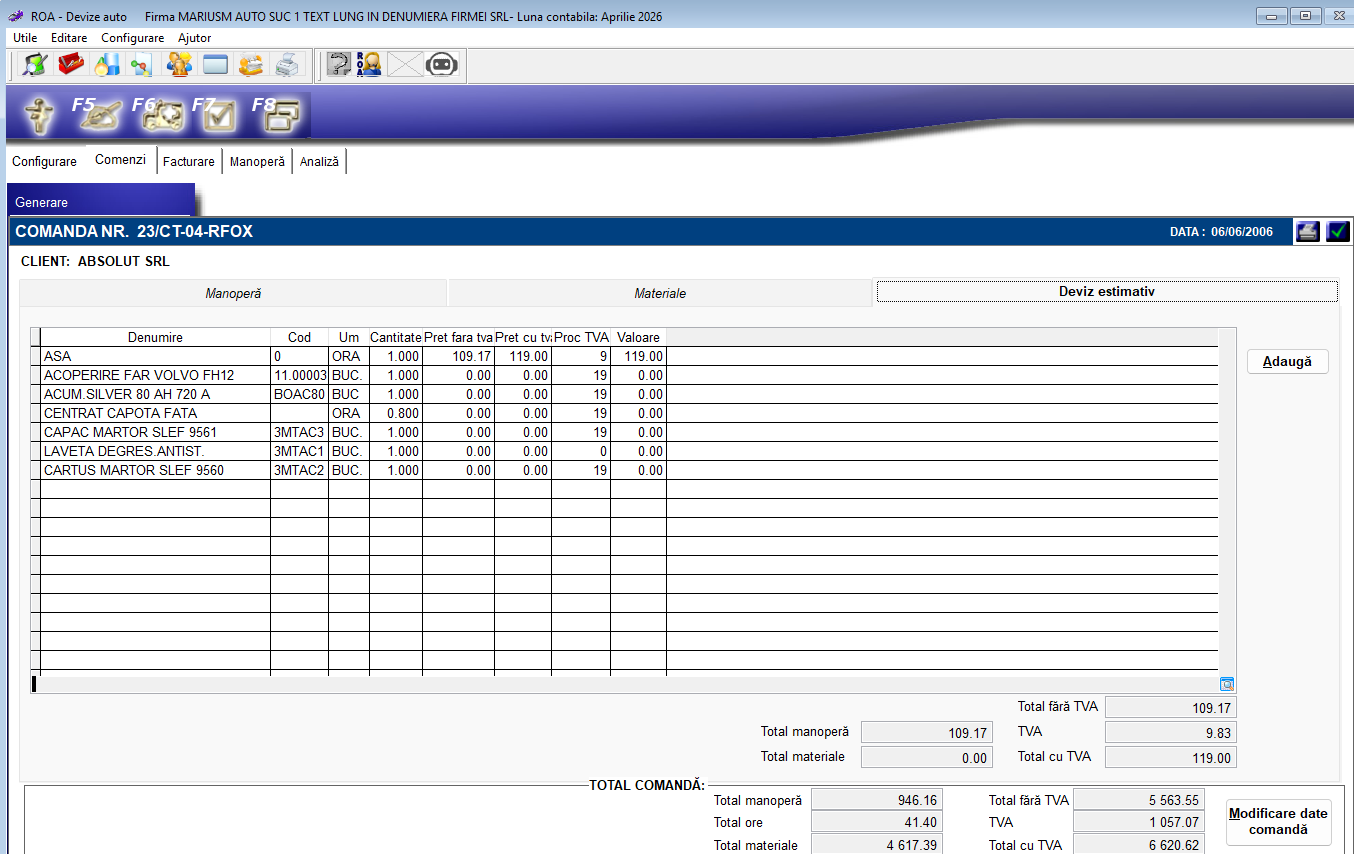 ROA Service Auto — Deviz estimativ pe comandă