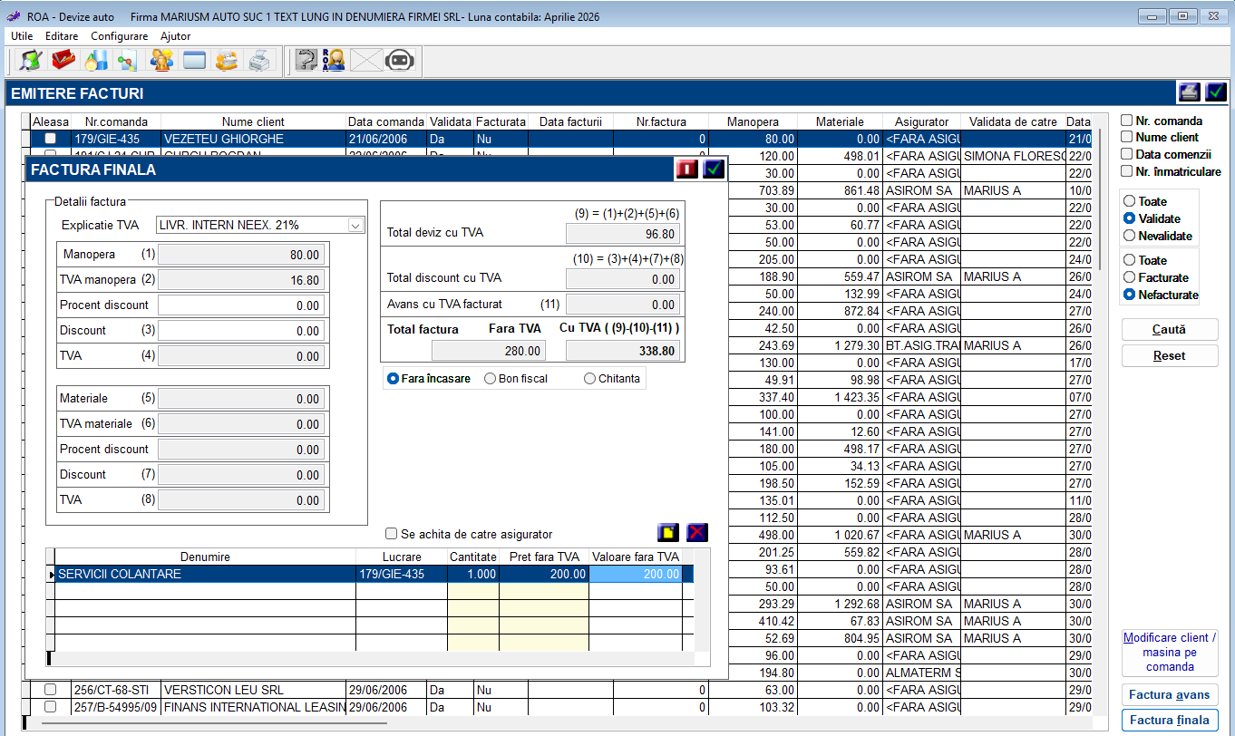 ROA Service Auto — Emitere factură finală