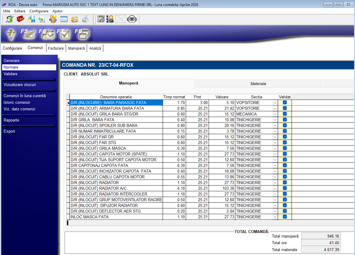 ROA Service Auto — Normare manoperă pe comandă