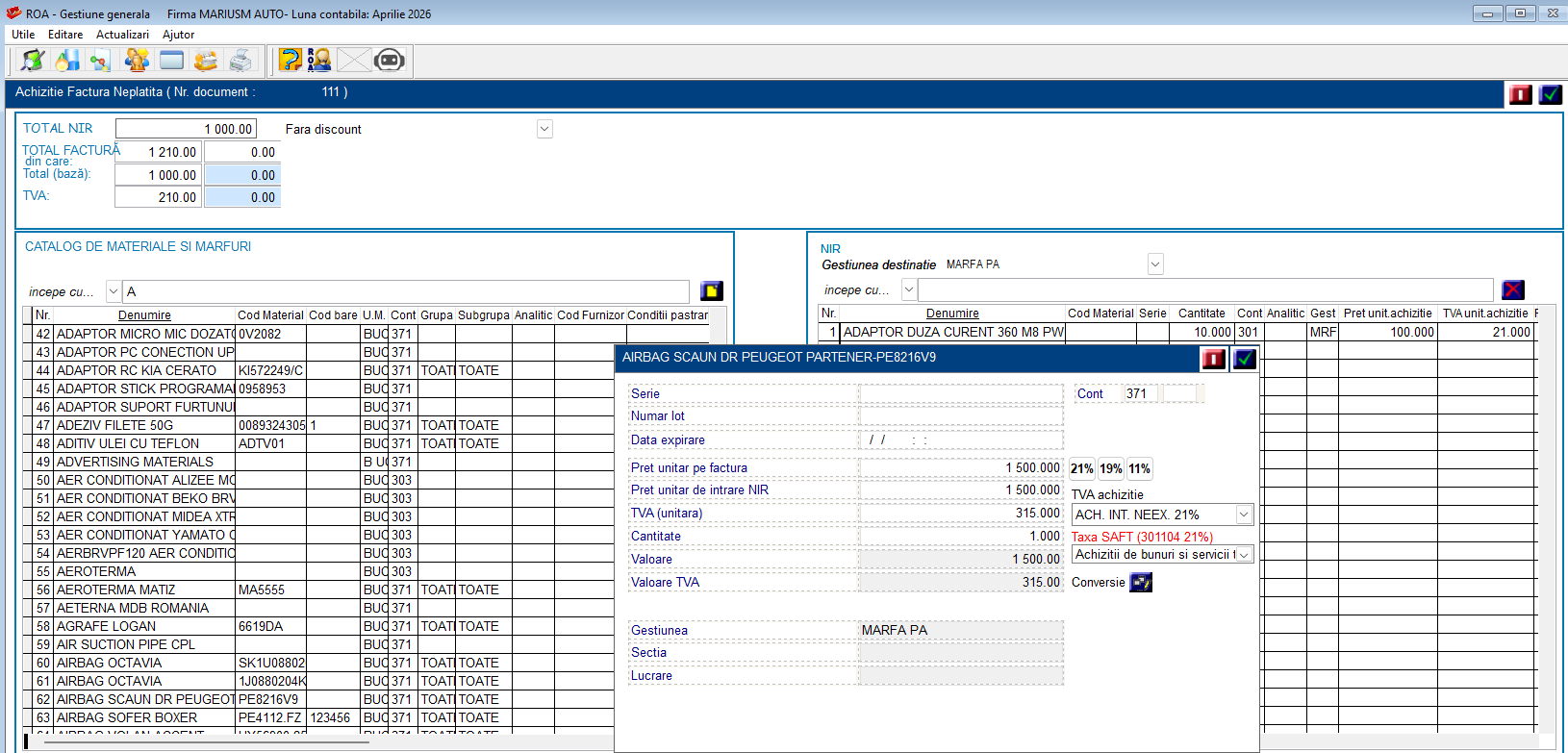 ROA Gestiune — NIR intrare marfă